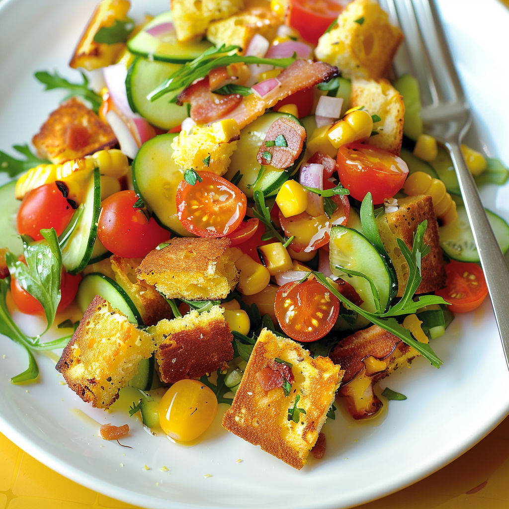 Salade estivale de pain de maïs doré, légumes frais, bacon croustillant et roquette.