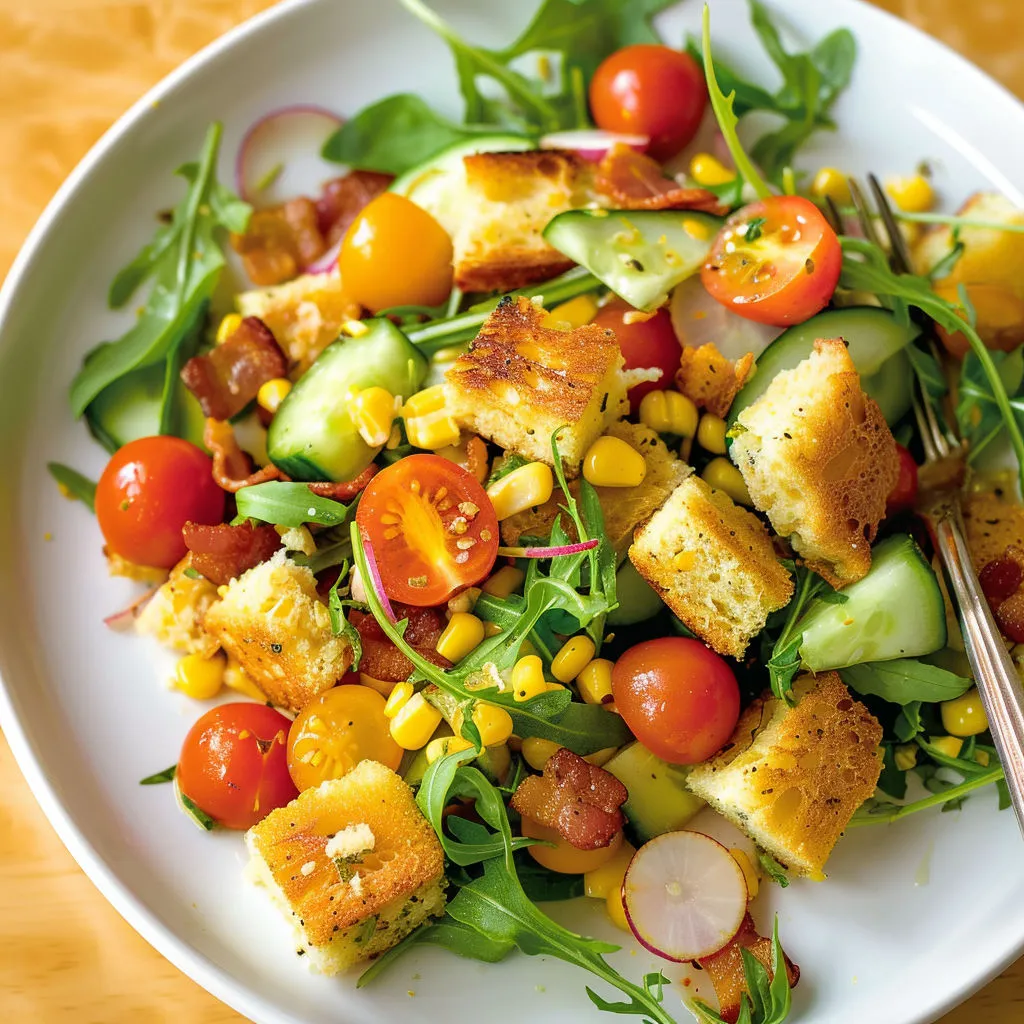 Salade colorée avec tomates, concombre, bacon et tranches de pain doré.