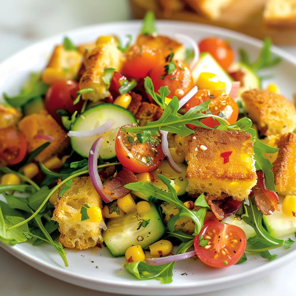 Salade généreuse avec pain doré, tomates, concombres, oignons, poivrons et herbes fraîches.