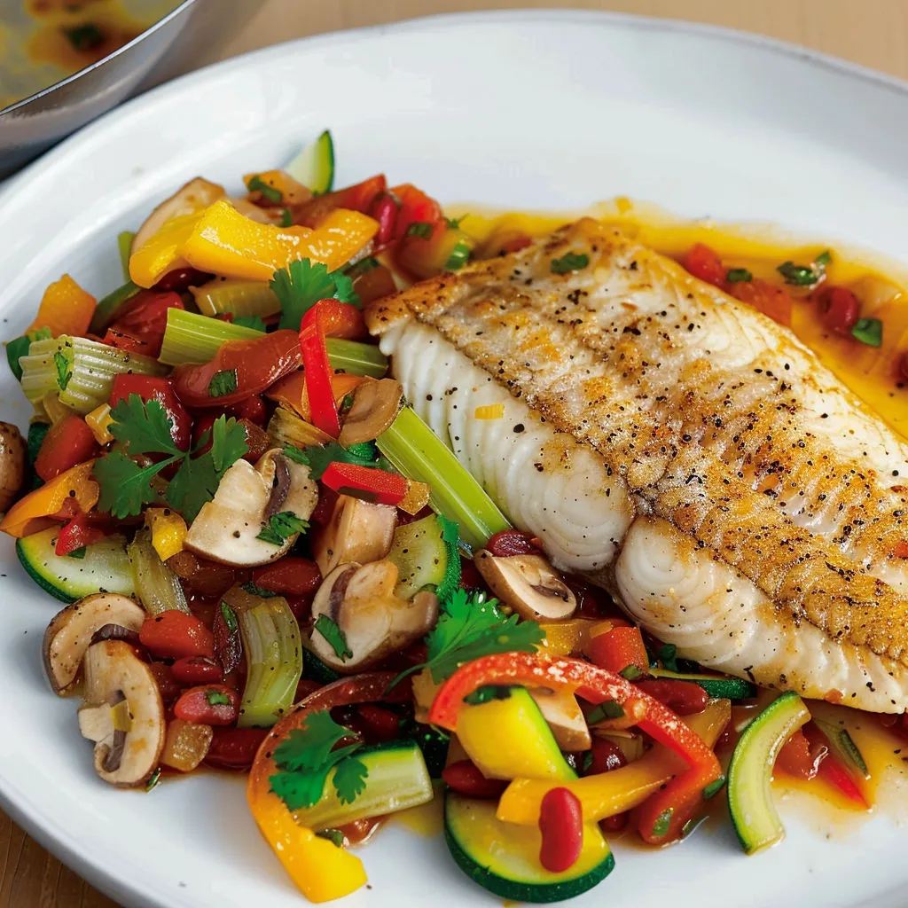 Un poisson grillé arrosé d’un filet de citron sur des légumes verts, carottes et poivrons, à plat sur un plateau.