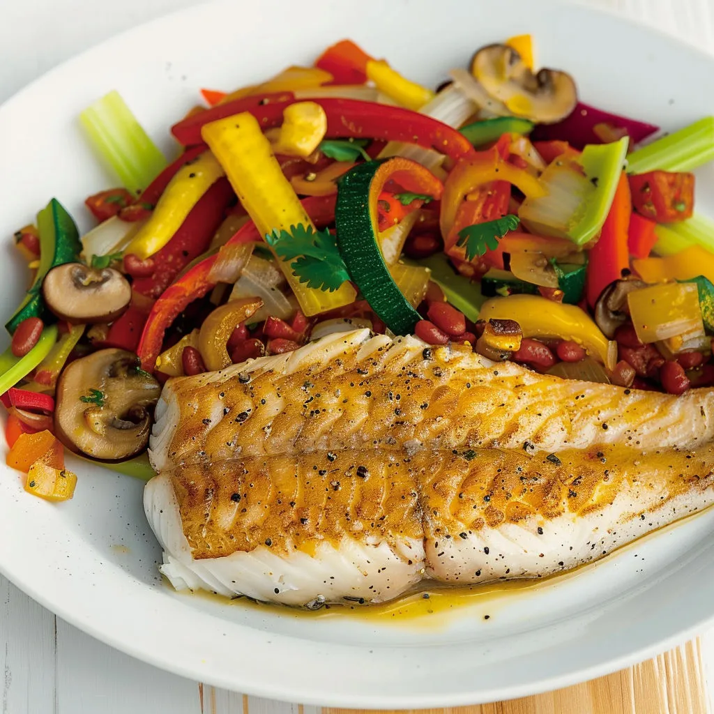 Un poisson grillé avec salade de légumes et des champignons.