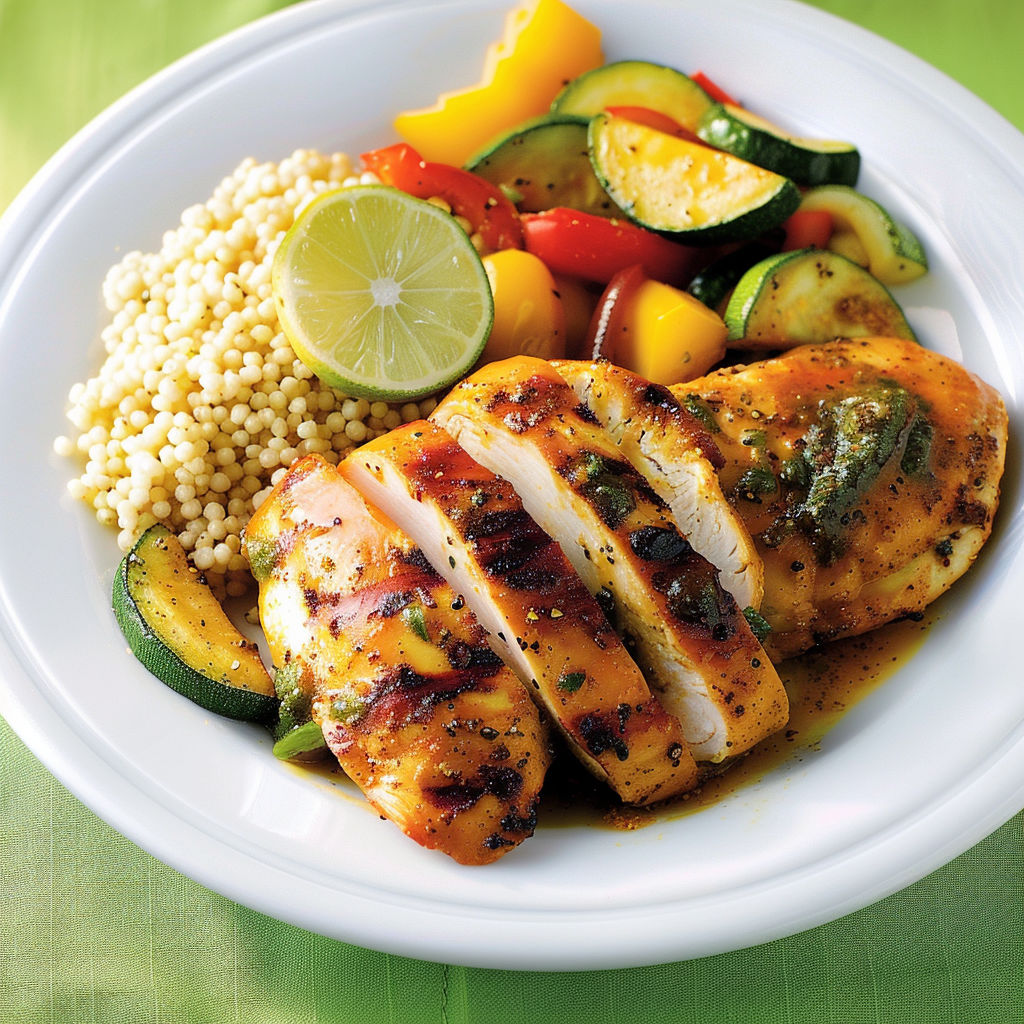 Assiette de poulet grillé avec légumes verts et herbes fraîches.