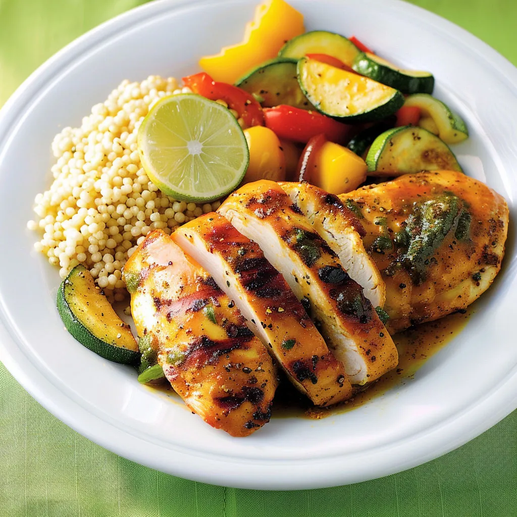 Assiette de poulet grillé avec légumes verts et herbes fraîches.