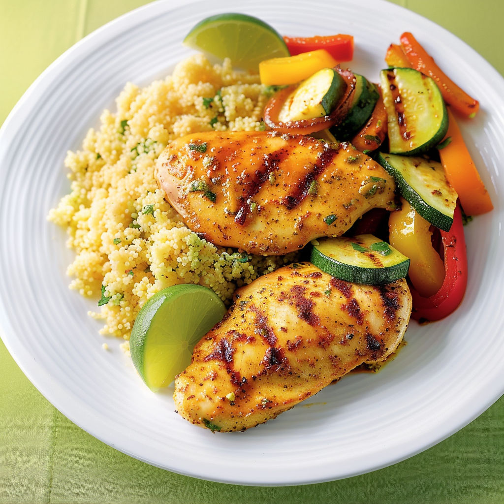 Assiette de poulet grillé avec légumes verts et tomates.