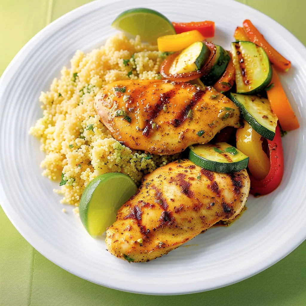 Assiette de poulet grillé avec légumes verts et tomates.