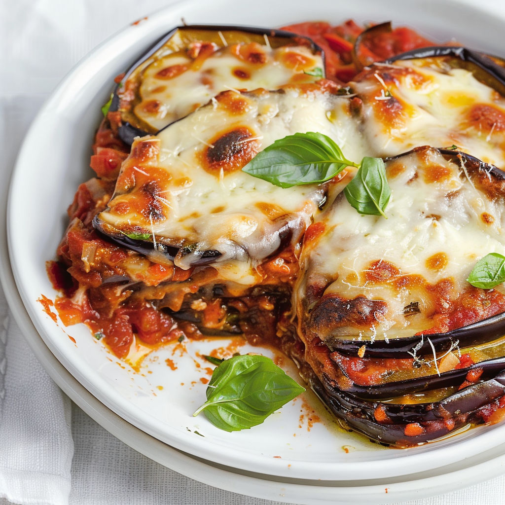 Des aubergines fondantes gratinées au four présentées sur une assiette.