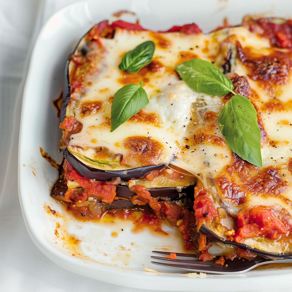 Lasagna maison aux champignons et herbes fraîches sur une assiette.