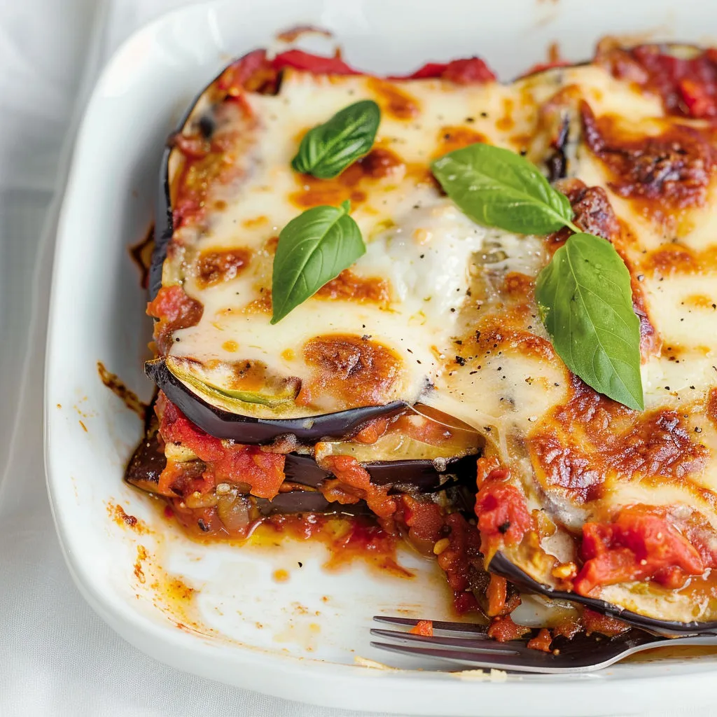 Lasagna maison aux champignons et herbes fraîches sur une assiette.