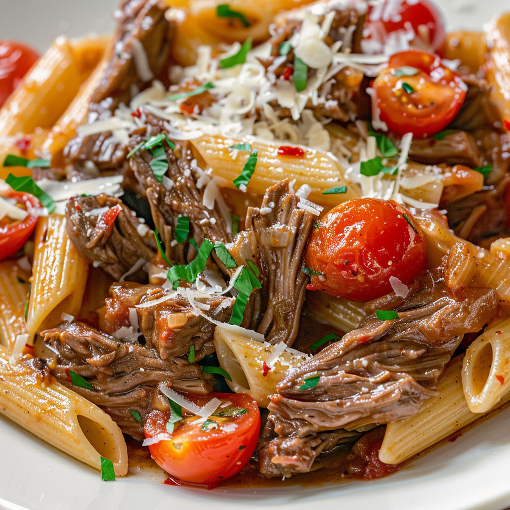 Penne à la viande, tomates cerises et herbes fraîches, un plat méditerranéen délicieux.