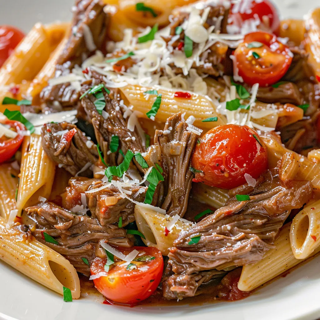 Penne à la viande, tomates cerises et herbes fraîches, un plat méditerranéen délicieux.