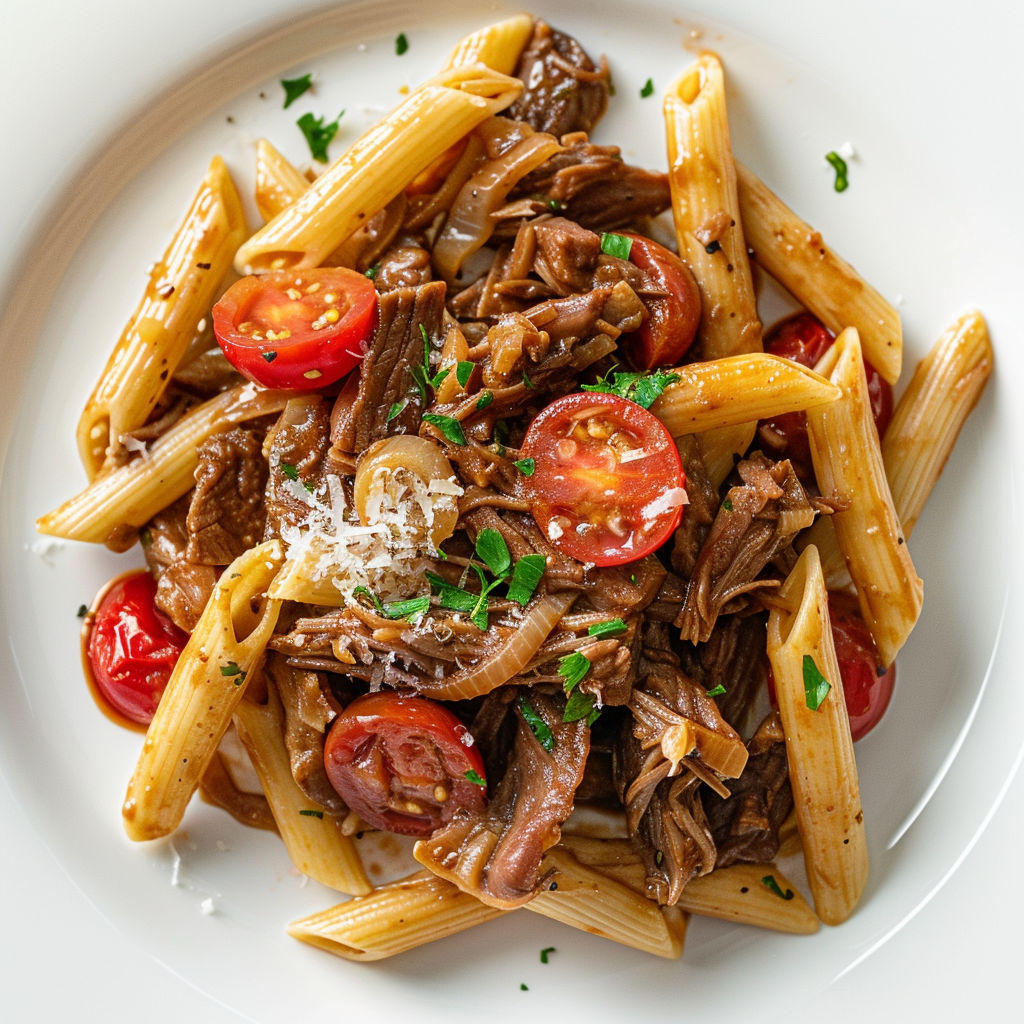 Assiette de penne, tomates et viande avec une sauce au parmesan fondante.