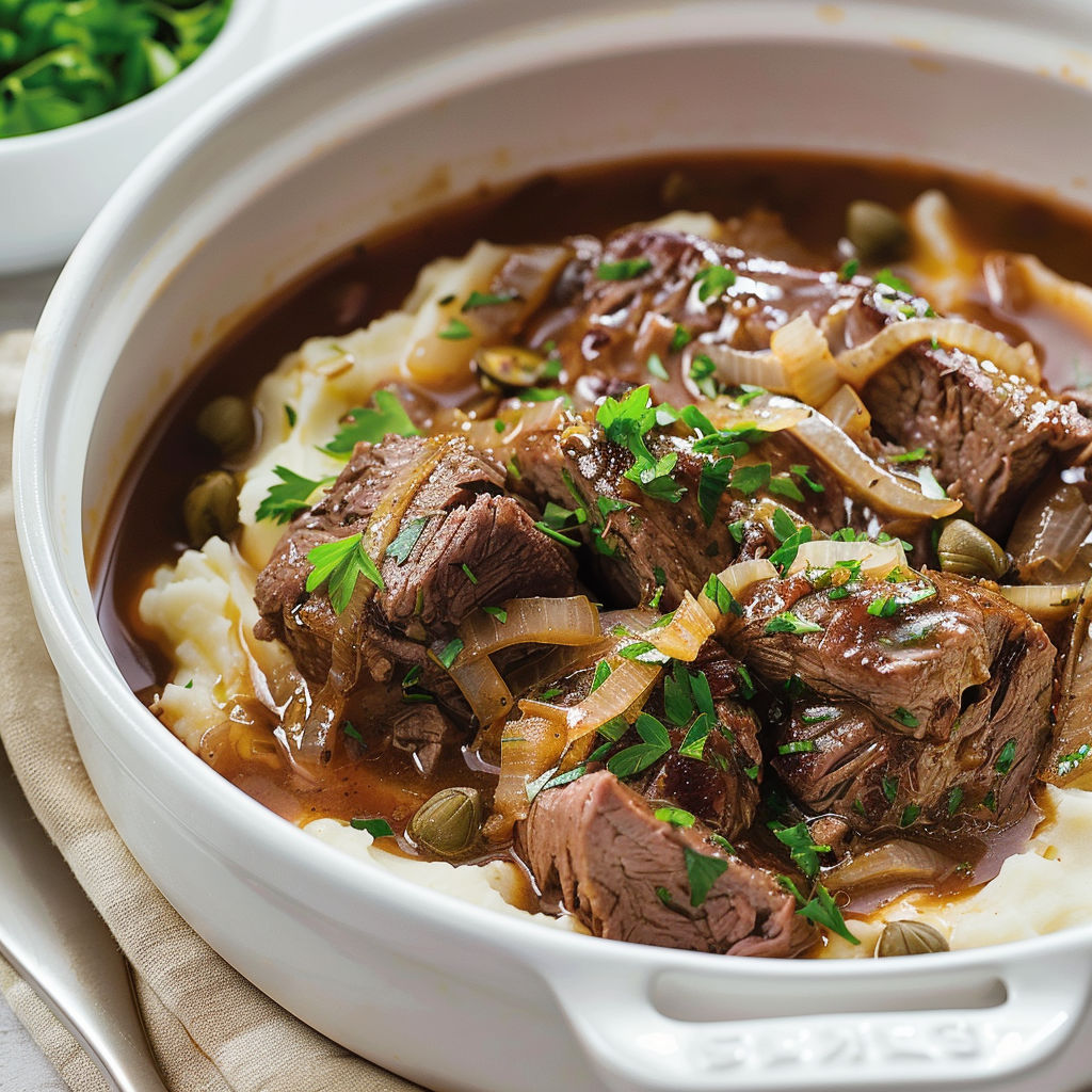 Bœuf mijoté doucement avec des oignons et des herbes provençales, servi avec des pommes de terre.