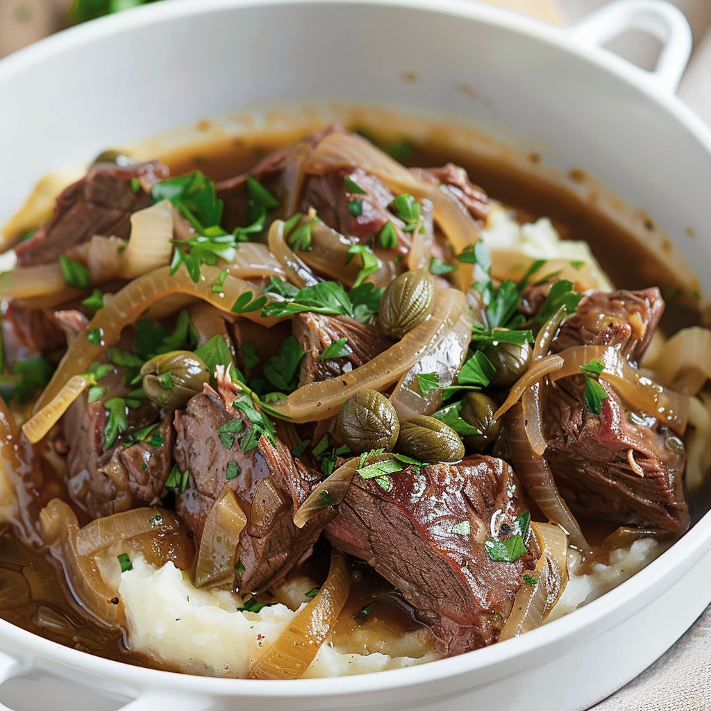 Boeuf mijoté aux pommes de terre et oignons dans une assiette.