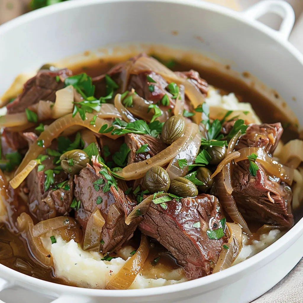 Boeuf mijoté aux pommes de terre et oignons dans une assiette.