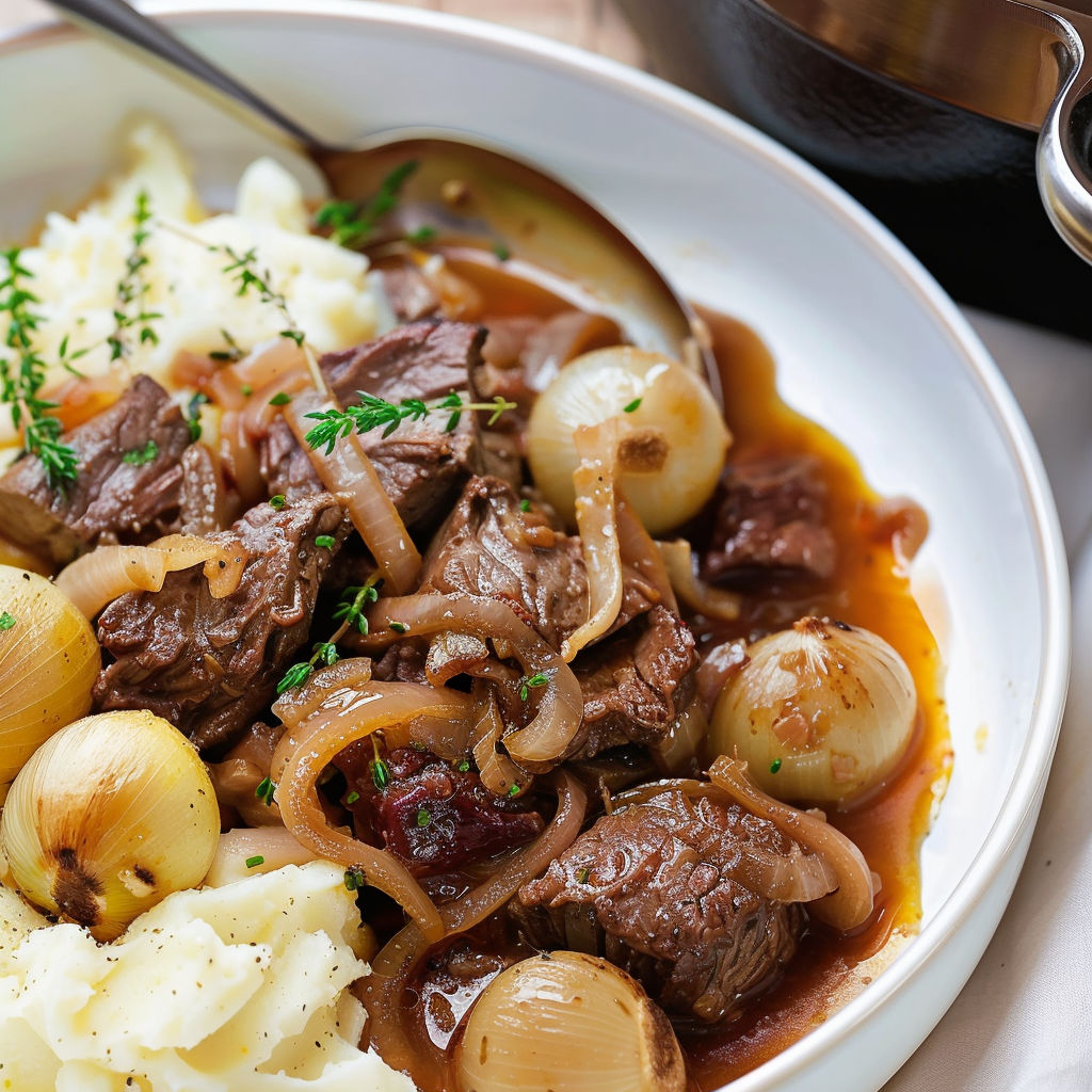 Boeuf fondant et pommes de terre servis dans un bol.