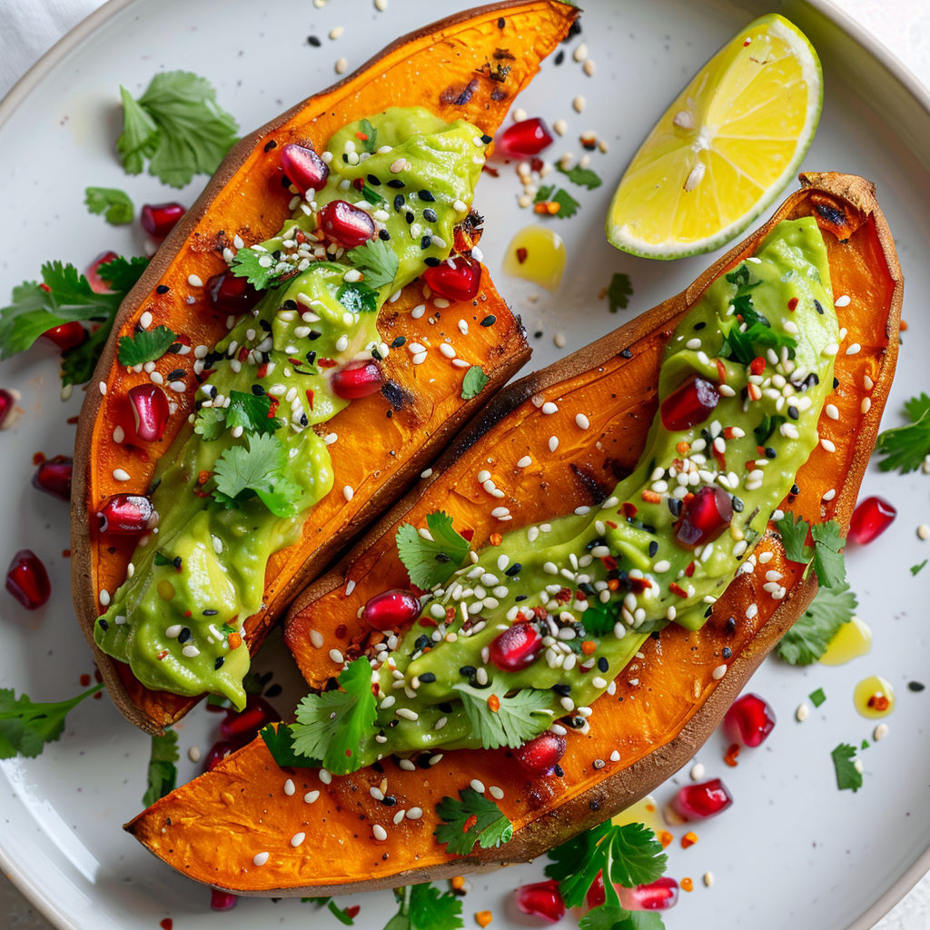 Patate douce accompagnée d’une sauce avocat onctueuse.