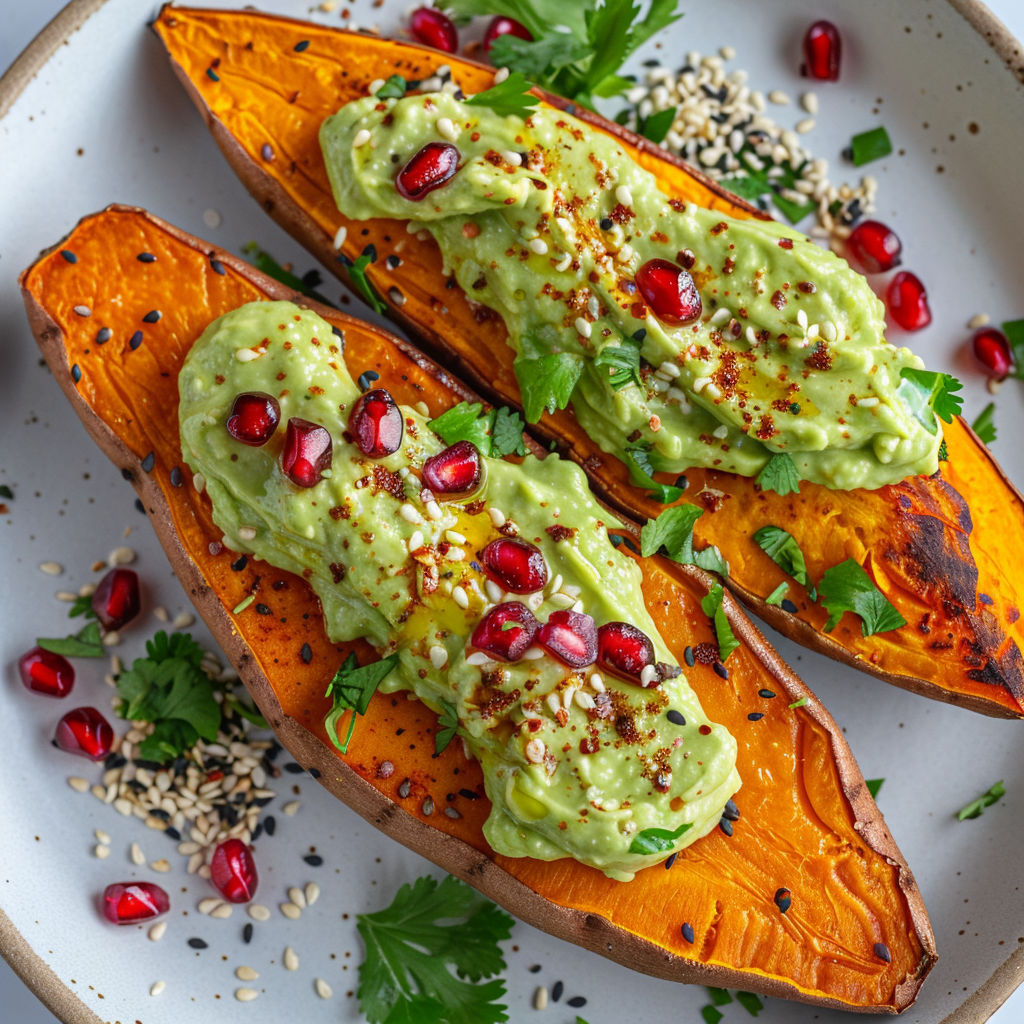 Une patate douce dorée recouverte de sauce crémeuse et de graines de sésame.