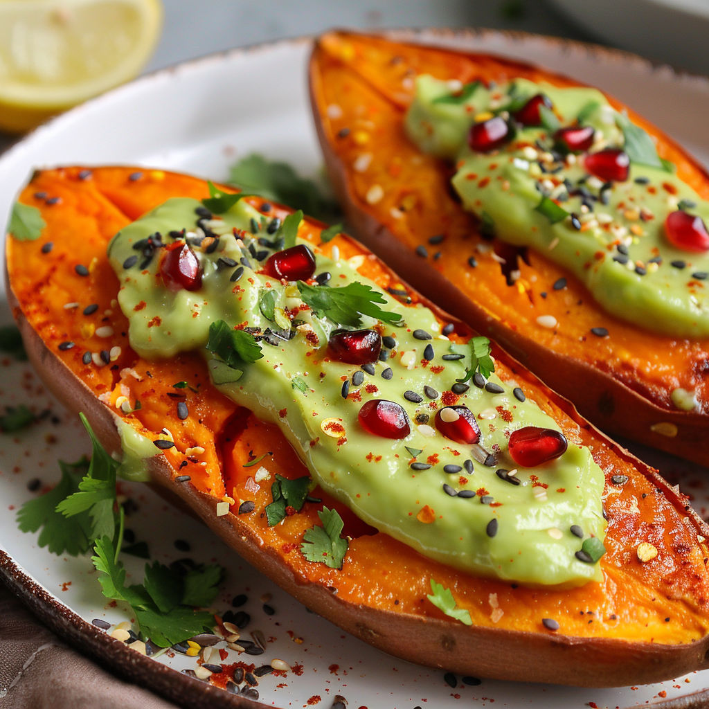 Une assiette de patate douce nappée de sauce onctueuse et agrémentée de graines de sésame.