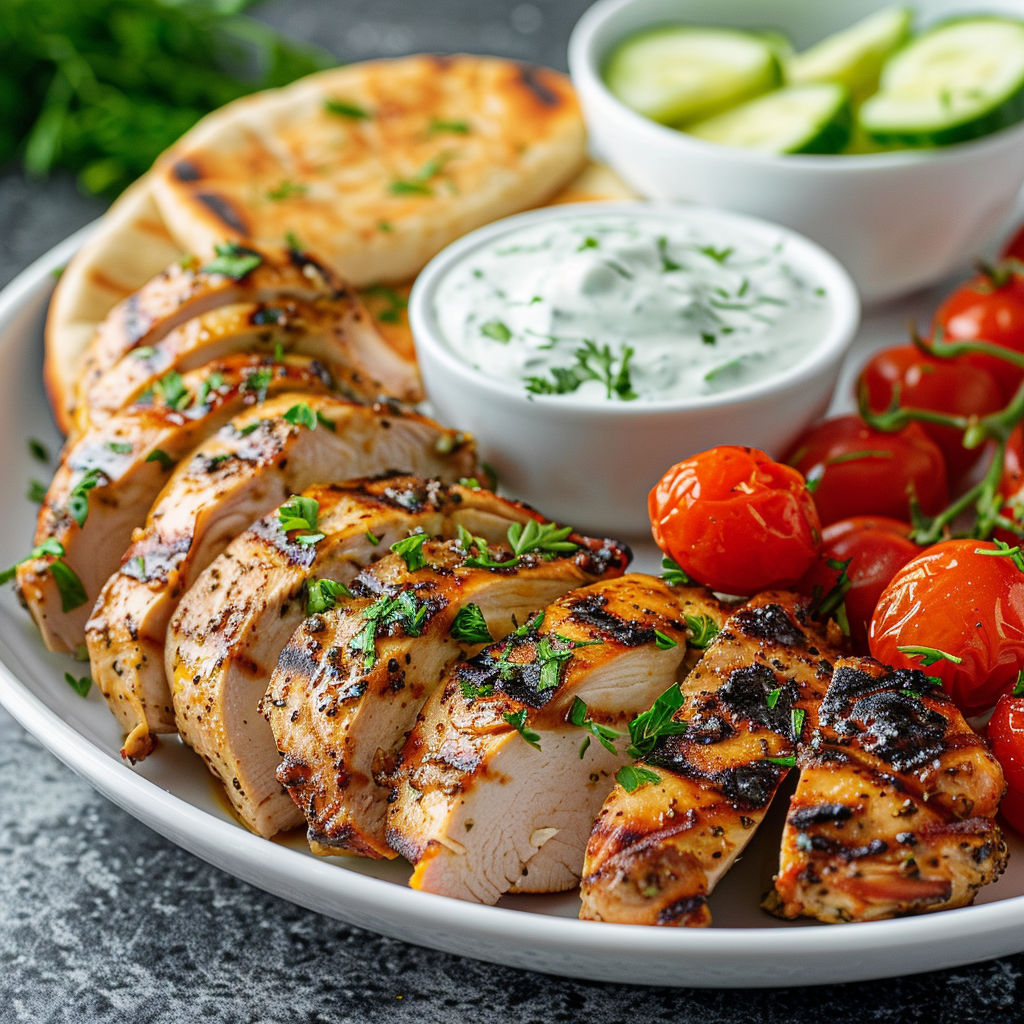 Des morceaux de poulet dorés, servis avec des légumes et de la sauce au yaourt.
