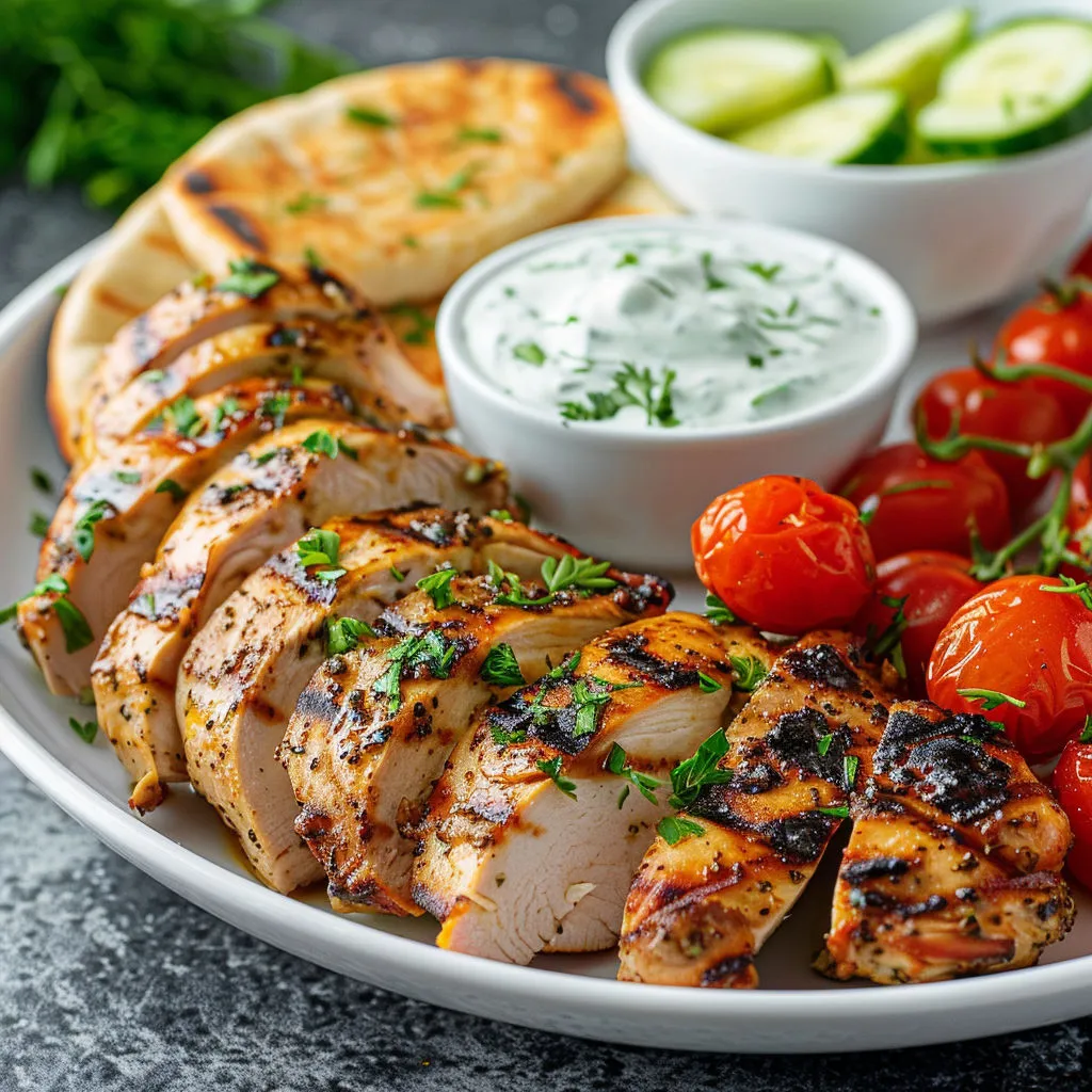 Des morceaux de poulet dorés, servis avec des légumes et de la sauce au yaourt.