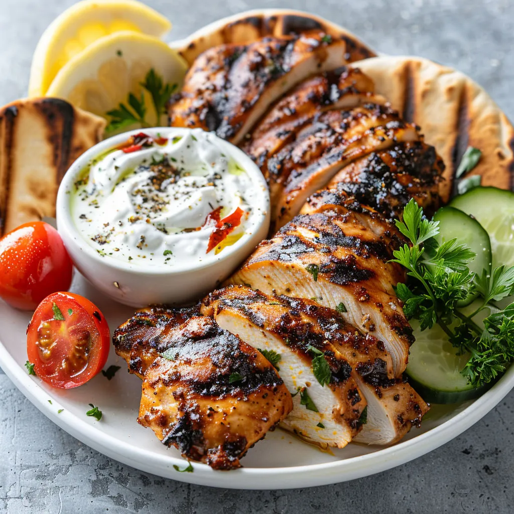 Poulet mariné méditerranéen posé sur un plateau avec légumes et sauce fraîche.