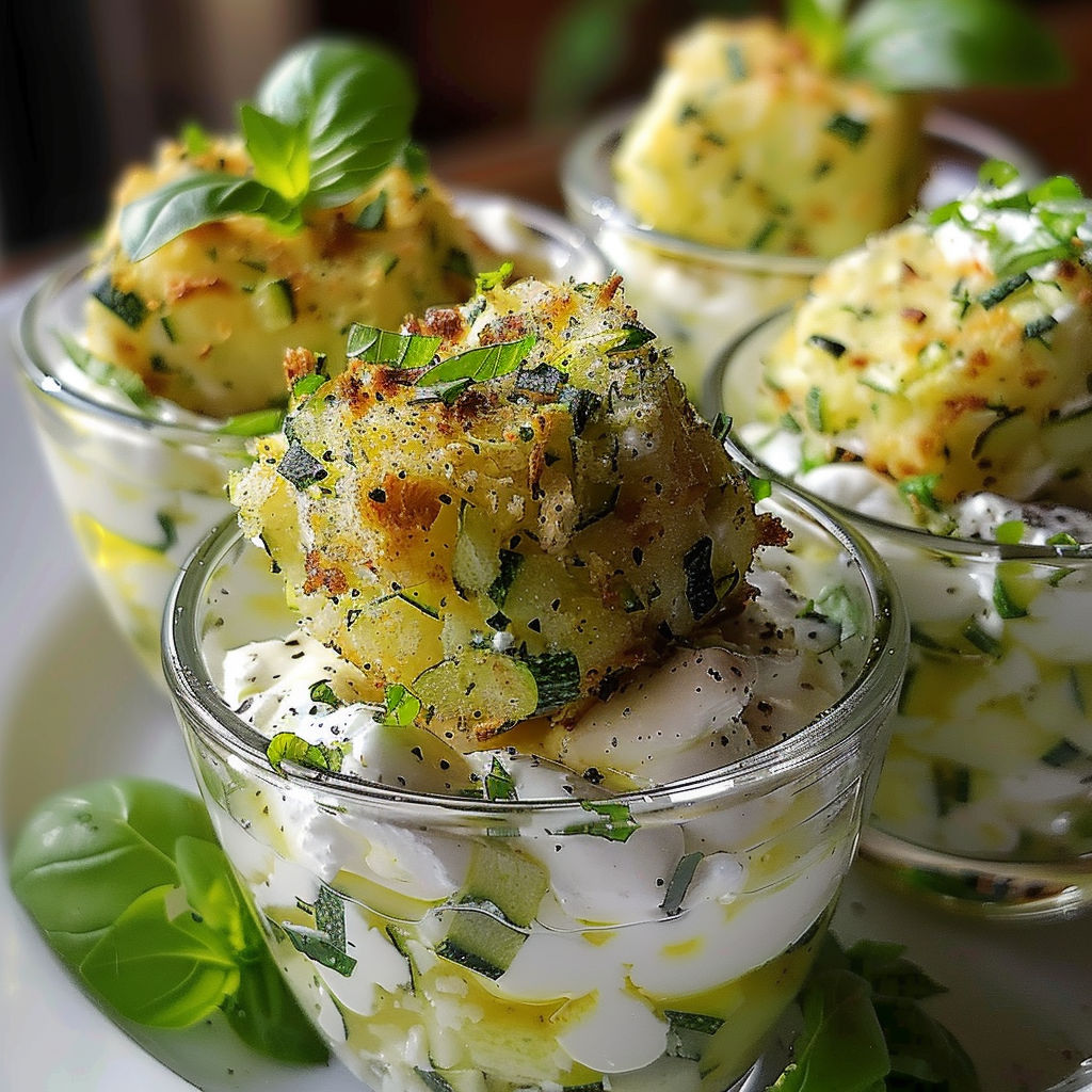 Salade de concombre et pommes de terre servie dans des verres.