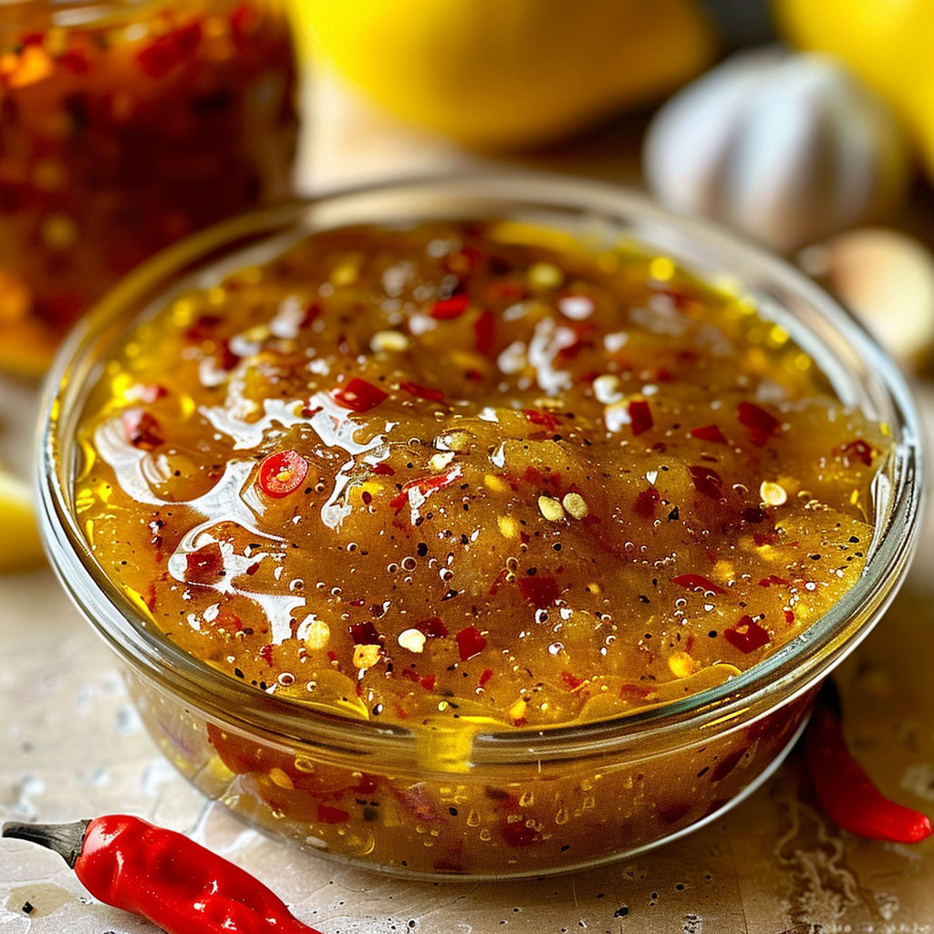 Un bol rempli de sauce au miel et citron épicé.