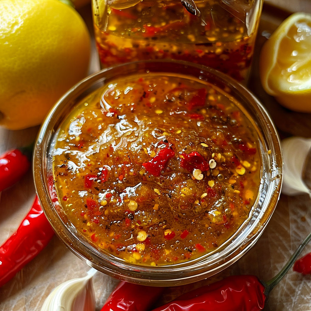 Bol de sauce pimentée avec zestes de citron.