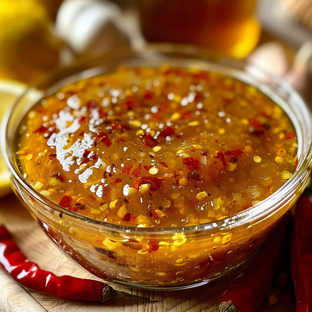 Petit bol de sauce pimentée prêt à servir.