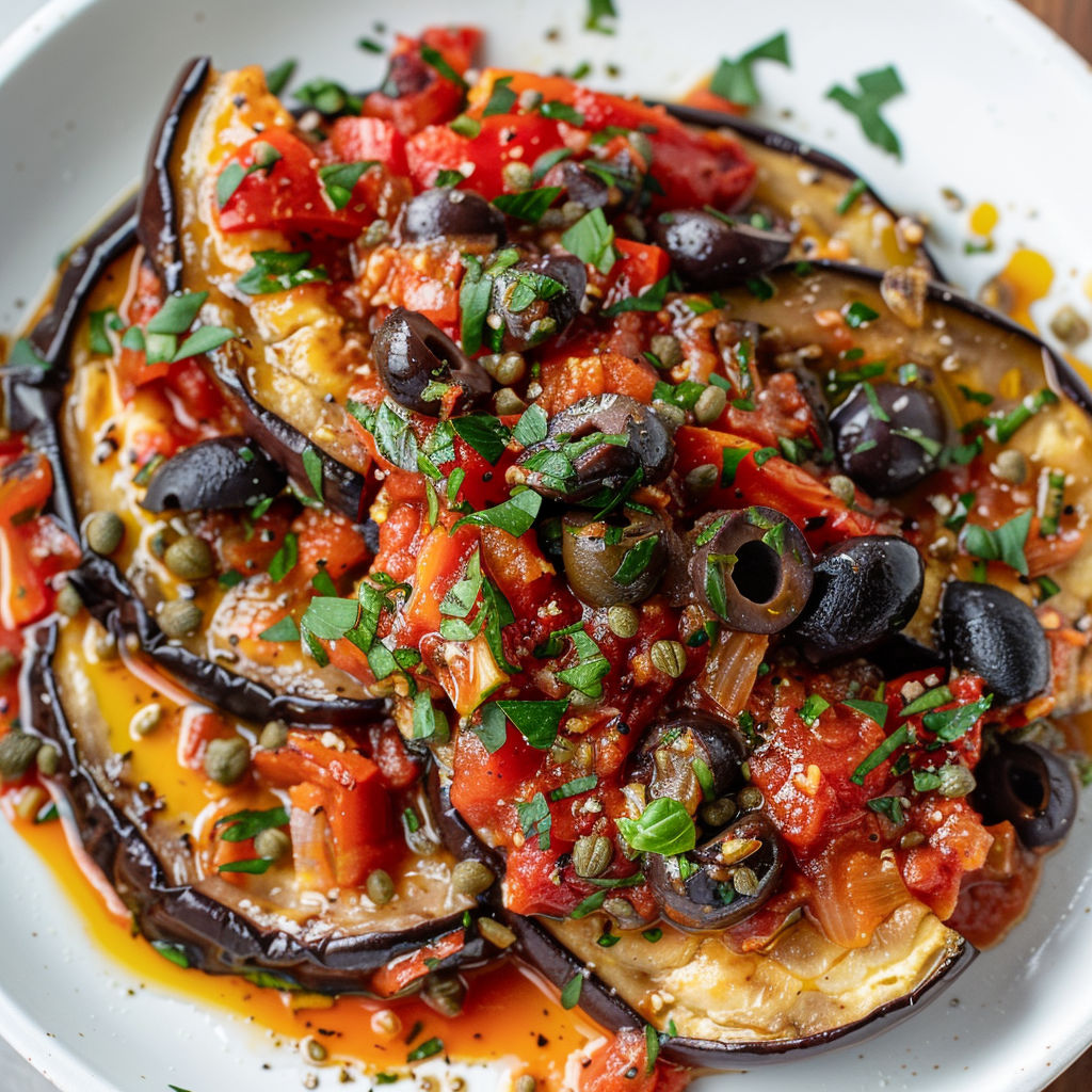 Une assiette appétissante avec aubergines, sauce tomate, câpres et olives, parfaite pour un repas familial méditerranéen.