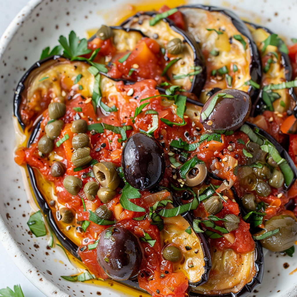 Dans un bol, on voit des légumes méditerranéens comme l’aubergine, la tomate et les olives, joliment présentés.