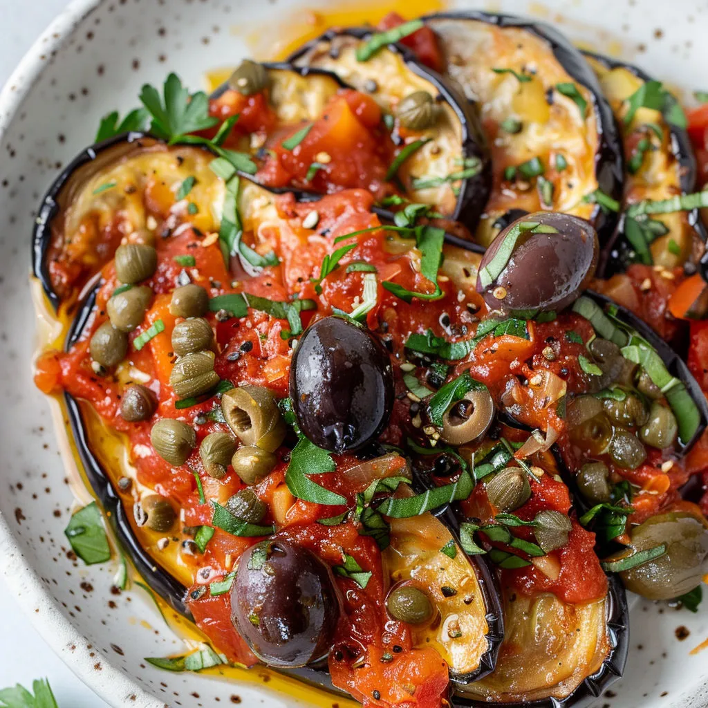 Dans un bol, on voit des légumes méditerranéens comme l’aubergine, la tomate et les olives, joliment présentés.