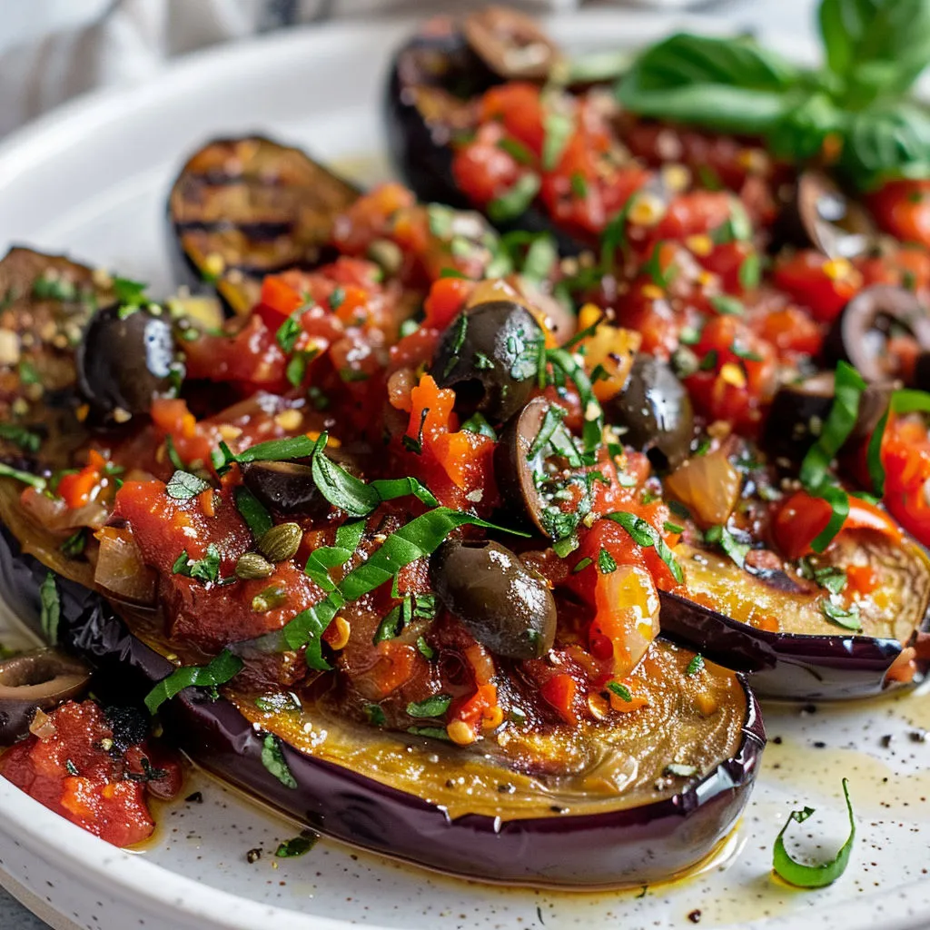 Des légumes grillés dont aubergine, olives et câpres, joliment servis sur une table.