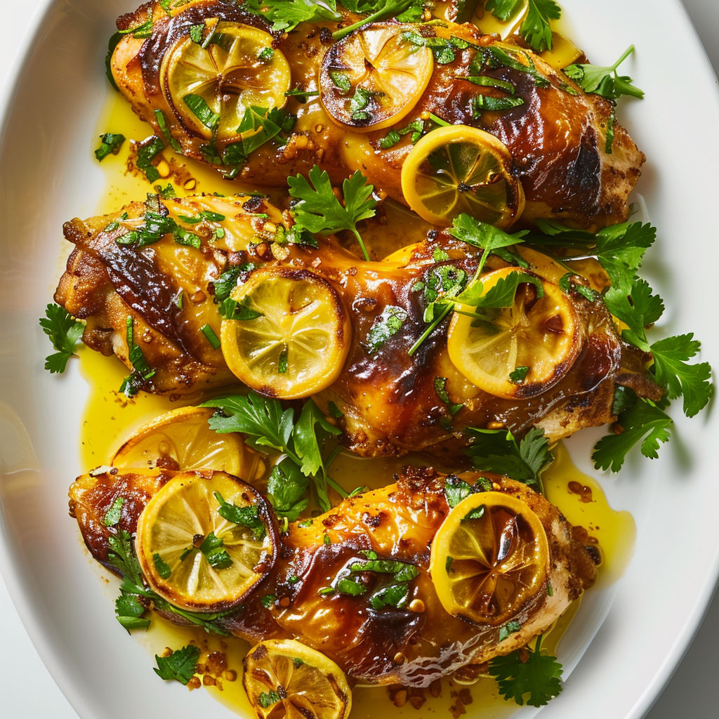 Poulet au citron double effet, servi avec des herbes fraîches et du zeste en garniture, très savoureux.