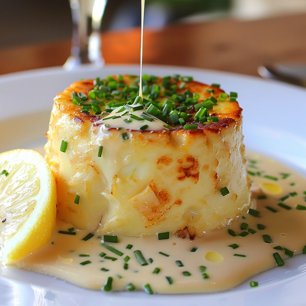 Flan tendre au crabe et crème parfumée à la ciboulette avec une touche de citron.