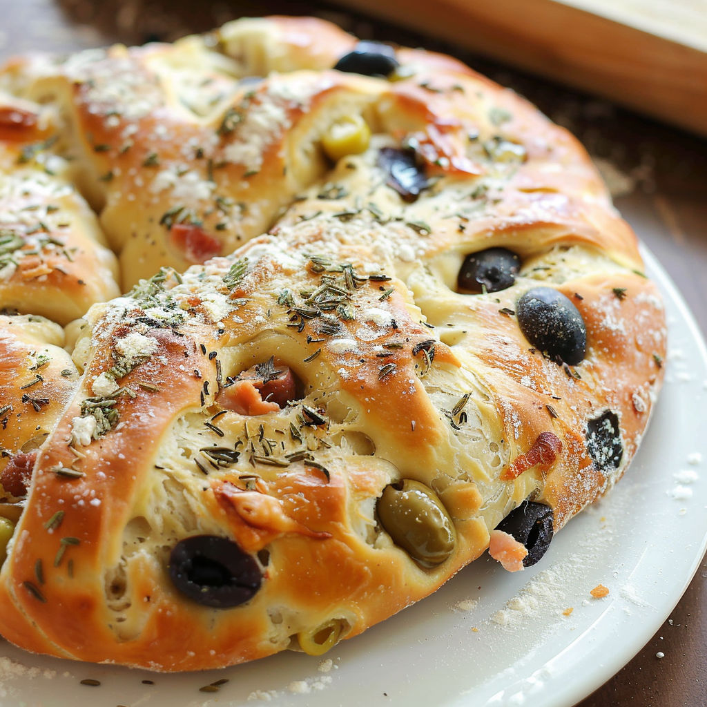 Une focaccia maison garnie d'olives et d'épinards sur un plateau.