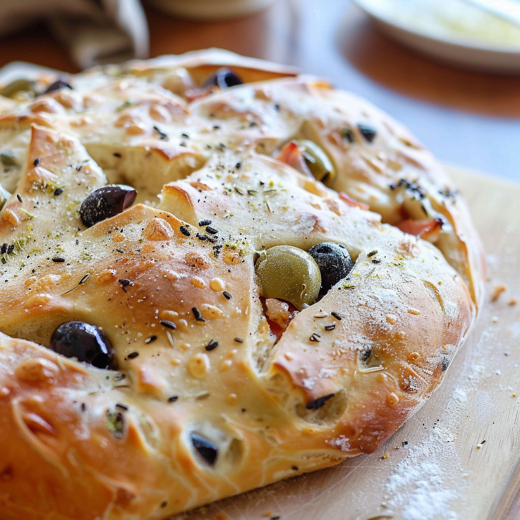 Une focaccia garnie d'olives et d'herbes, servie sur une planche.