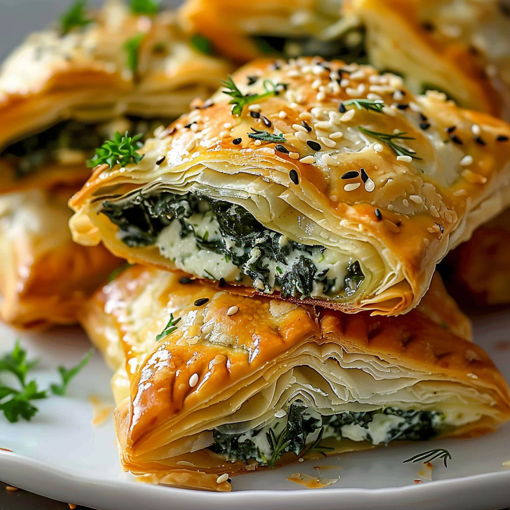 Feuilleté croustillant garni d’épinards et feta, prêt à être dégusté.