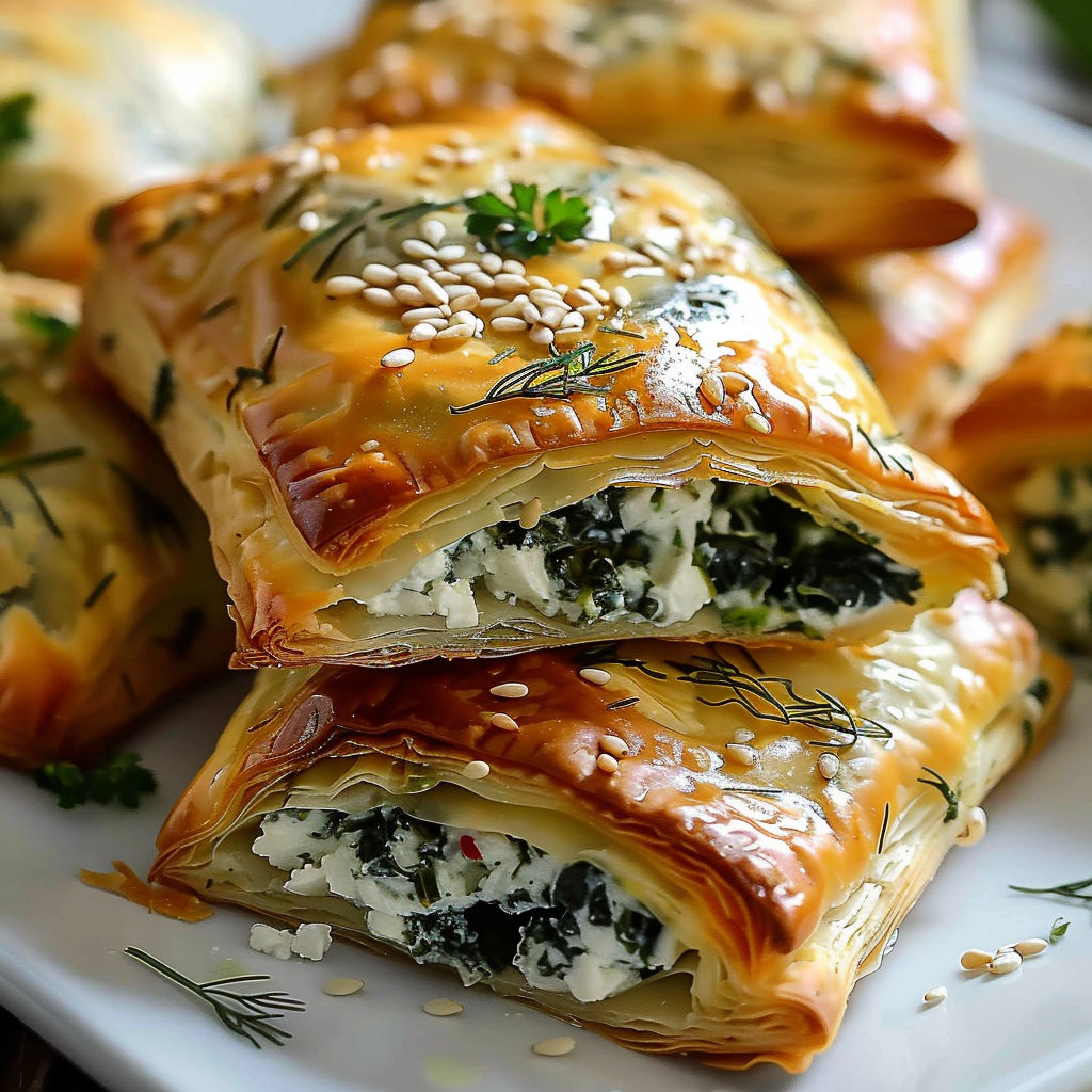 Chaussons feuilletés feta épinards ultra faciles, dorés et fondants, prêts à grignoter.