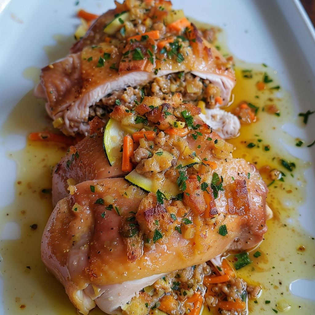 Un délicieux repas festif et accessible, avec légumes grillés et volaille.