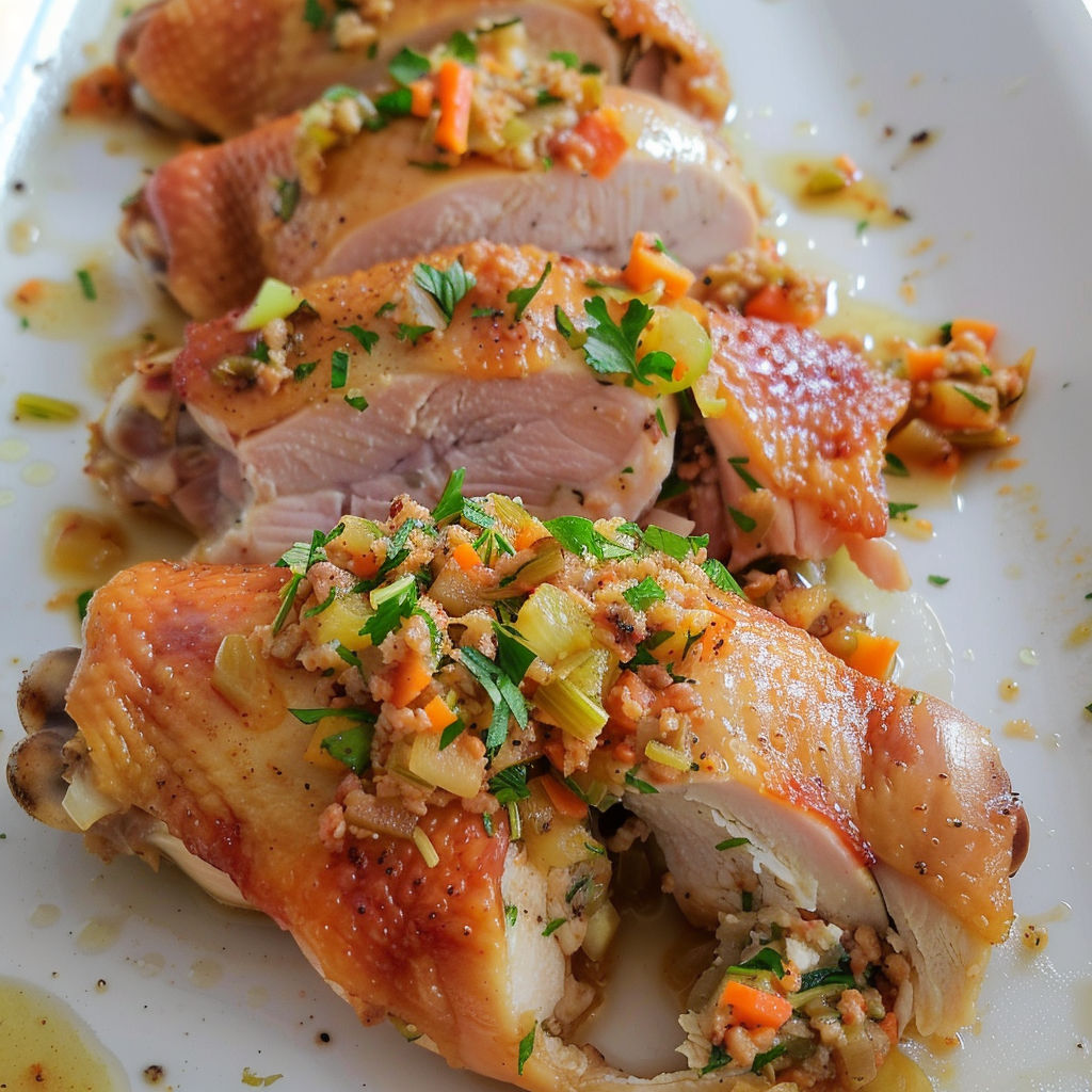 Détaillez les morceaux de poulet, assaisonnez-les d’épices et de légumes, servez avec sauce miel et herbes fraîches.