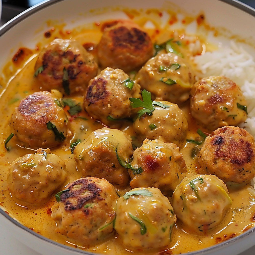 Boulettes dorées au poulet dans une sauce veloutée coco et cari.