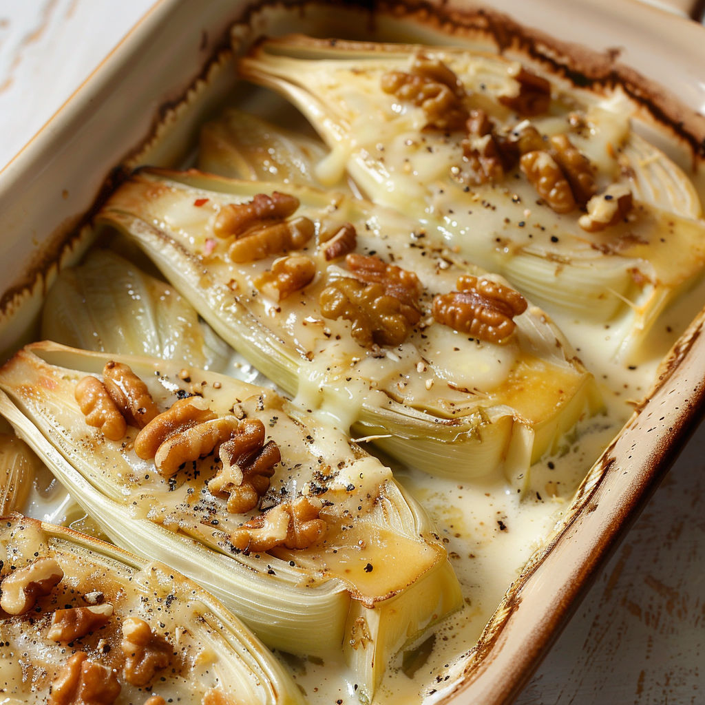 Gratin d'endives au roquefort et noix avec garniture croquante de noix toastées.