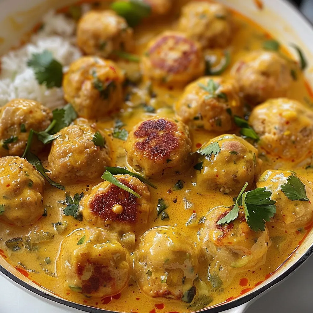 Boulettes Indonésiennes au Poulet & Coco, petites boulettes de poulet nappées de sauce onctueuse et épicée.
