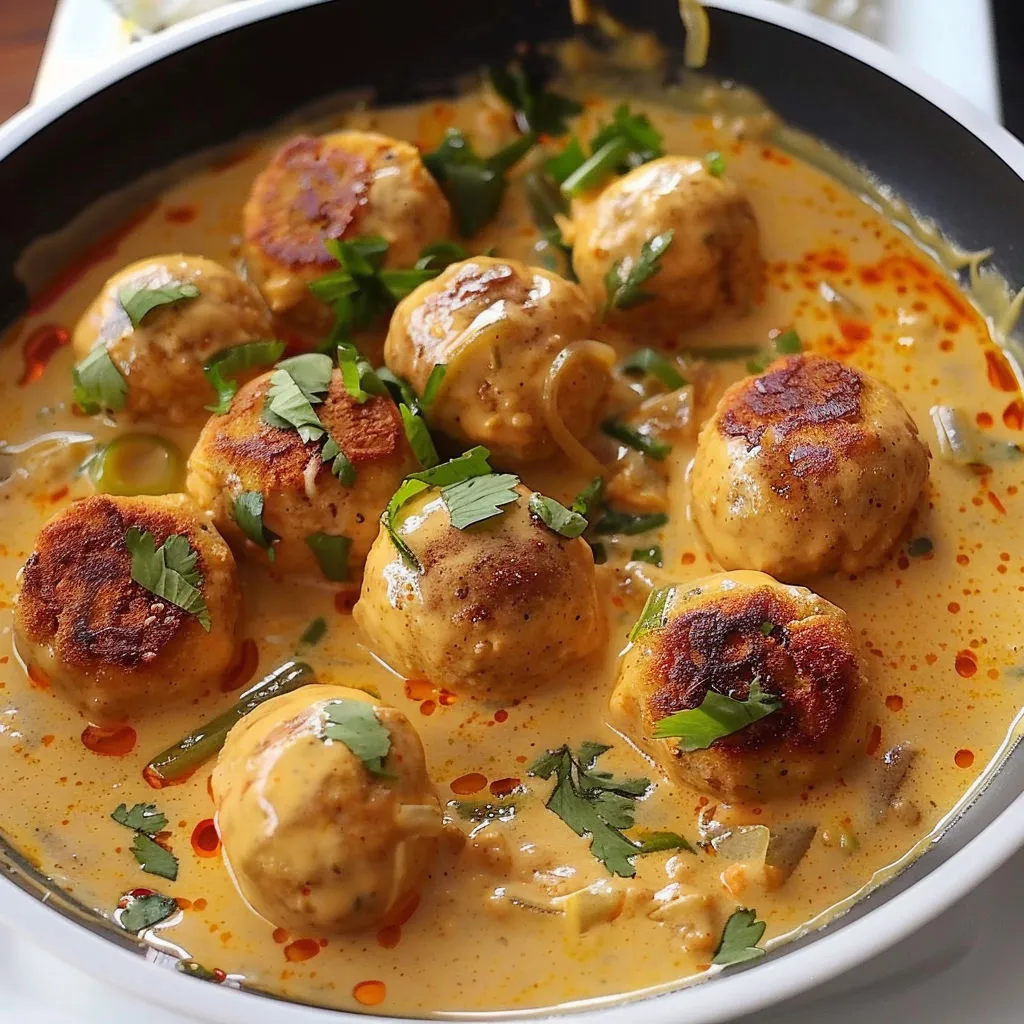 Boulettes au Cari Rouge et Lait de Coco servies dans un bol gourmand.