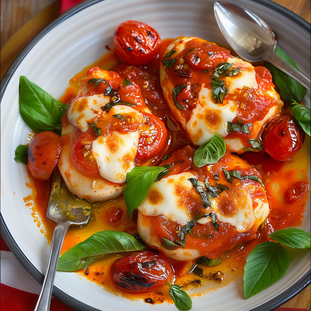 Des morceaux de poulet au four, accompagnés de poivrons doux et de mozzarella fondue, avec des ustensiles simples.