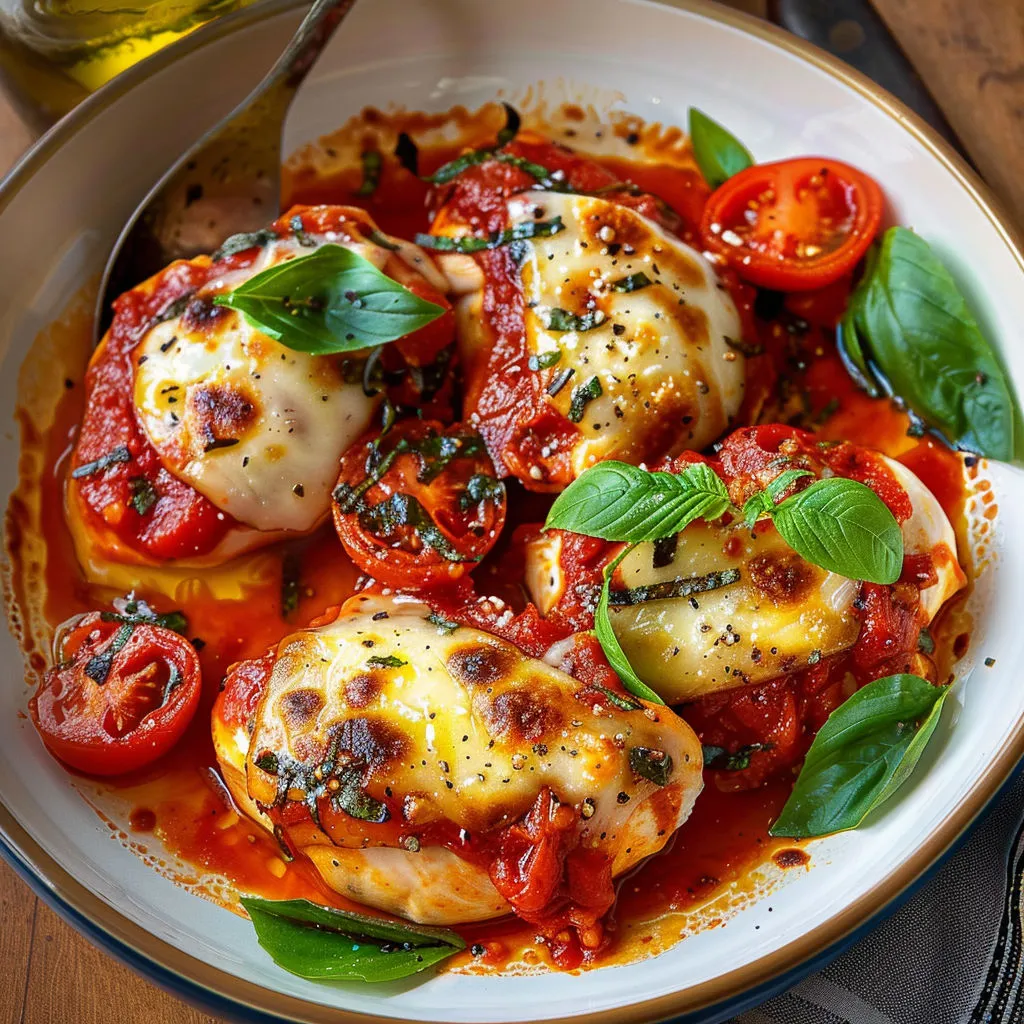 Une assiette de poulet doré avec des tomates et des herbes fraîches.