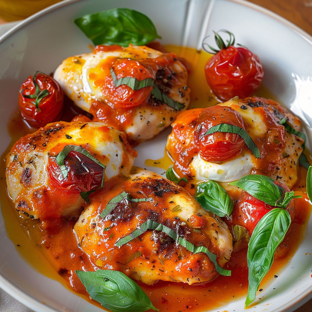 Portion de poulet avec tomates et basilic, servie avec une sauce tomate maison.