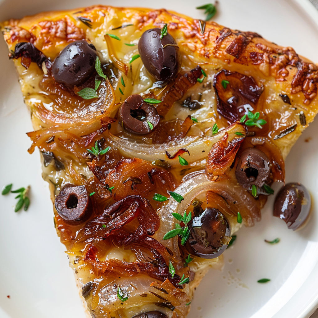 Une part de pizza méditerranéenne aux oignons, anchois et olives noires sur une assiette blanche.