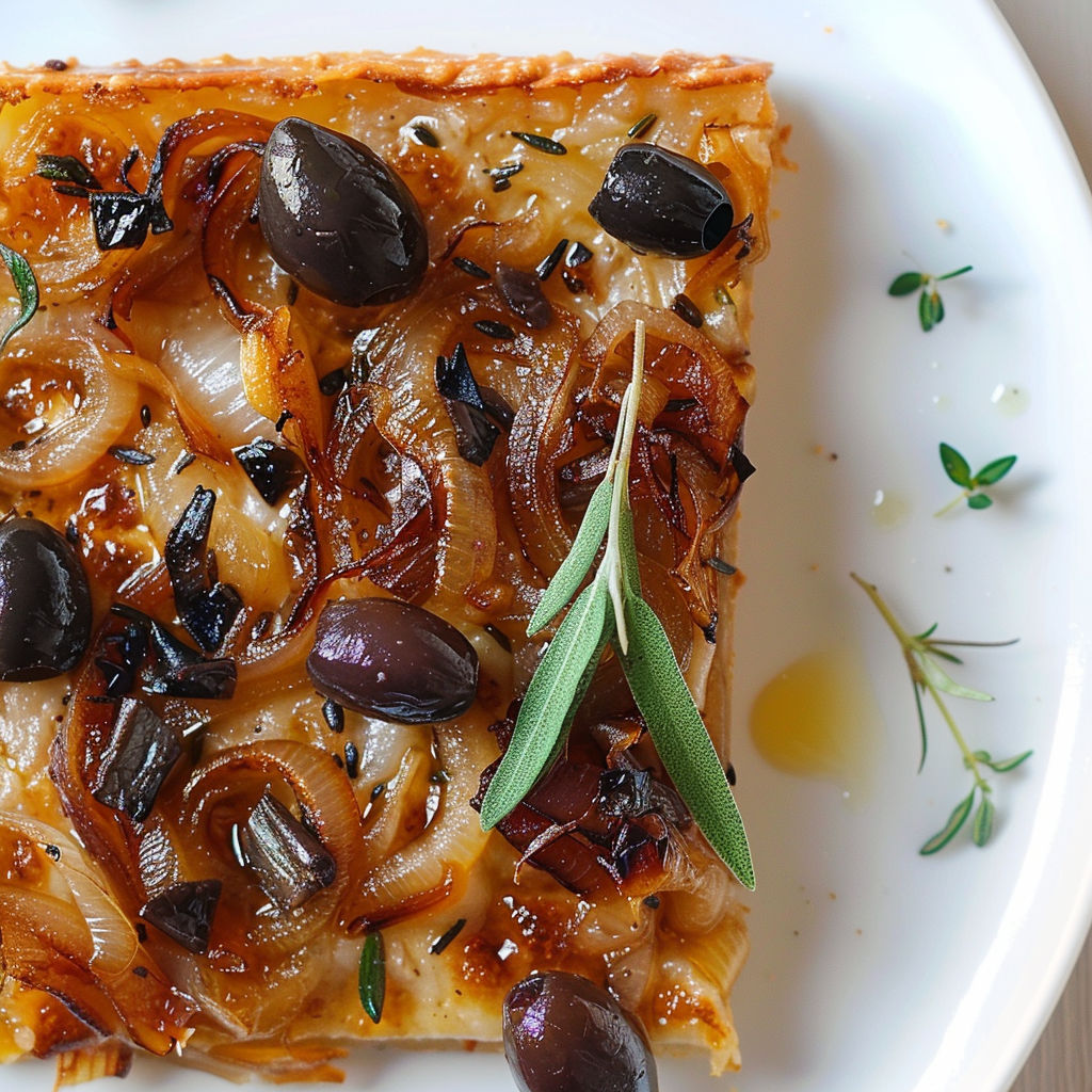 Une tarte aux oignons et olives servie sur un plateau.